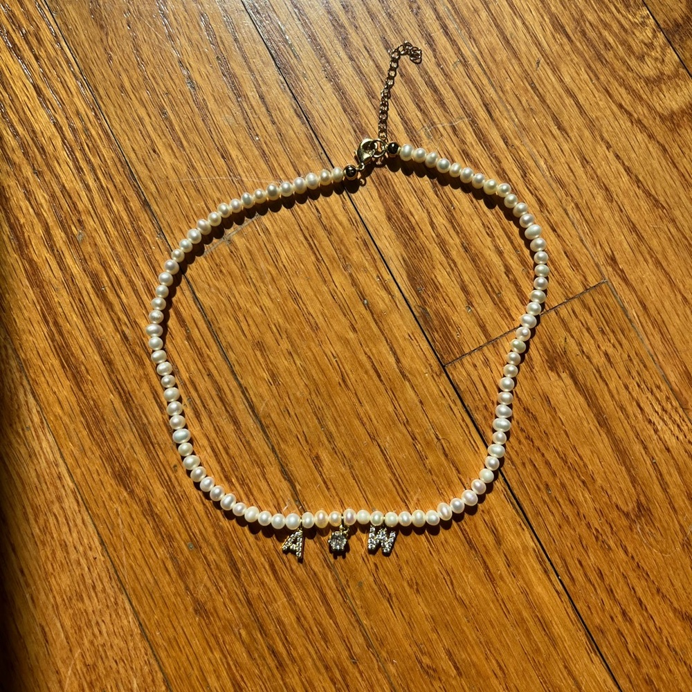 Hand Made A&W Necklace with Real Pearls 14”